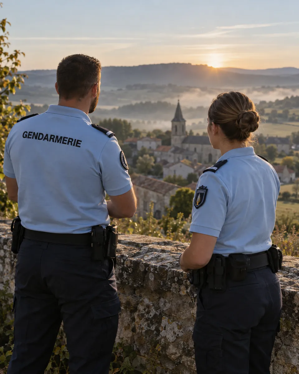 Gendarmes devant un village de campagne au lever du soleil