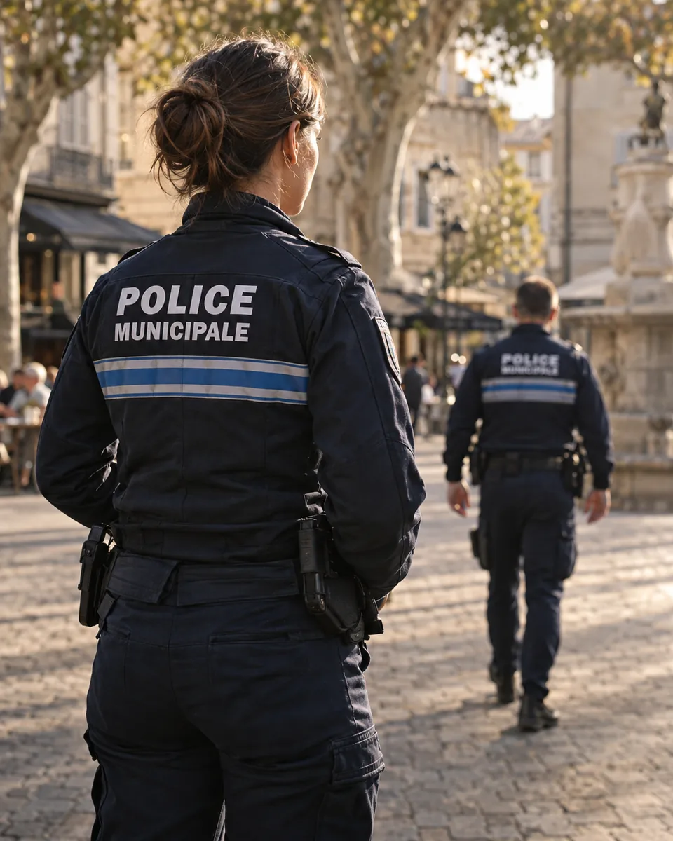 Policière municipale sur une place de ville en fin de journée