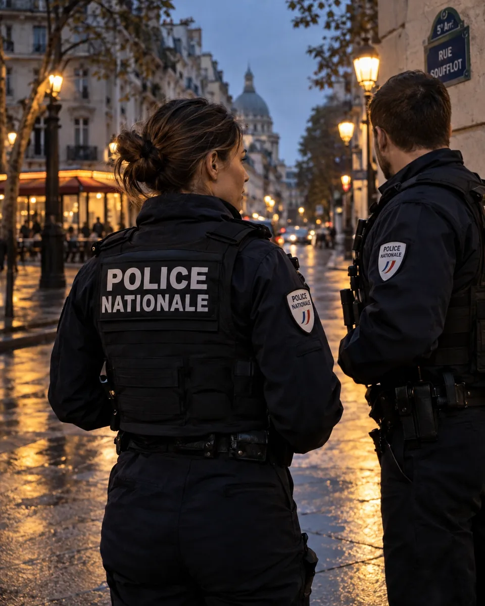 Policiers nationaux dans une rue parisienne à l’heure bleue