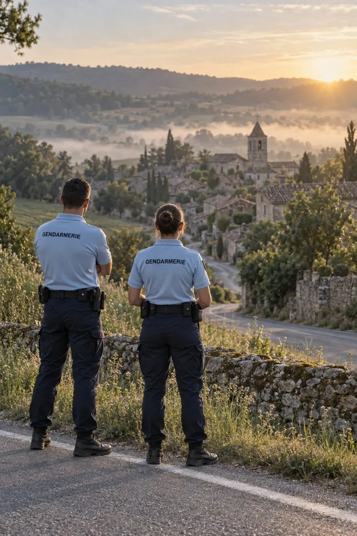 Deux gendarmes face à un village au lever du jour