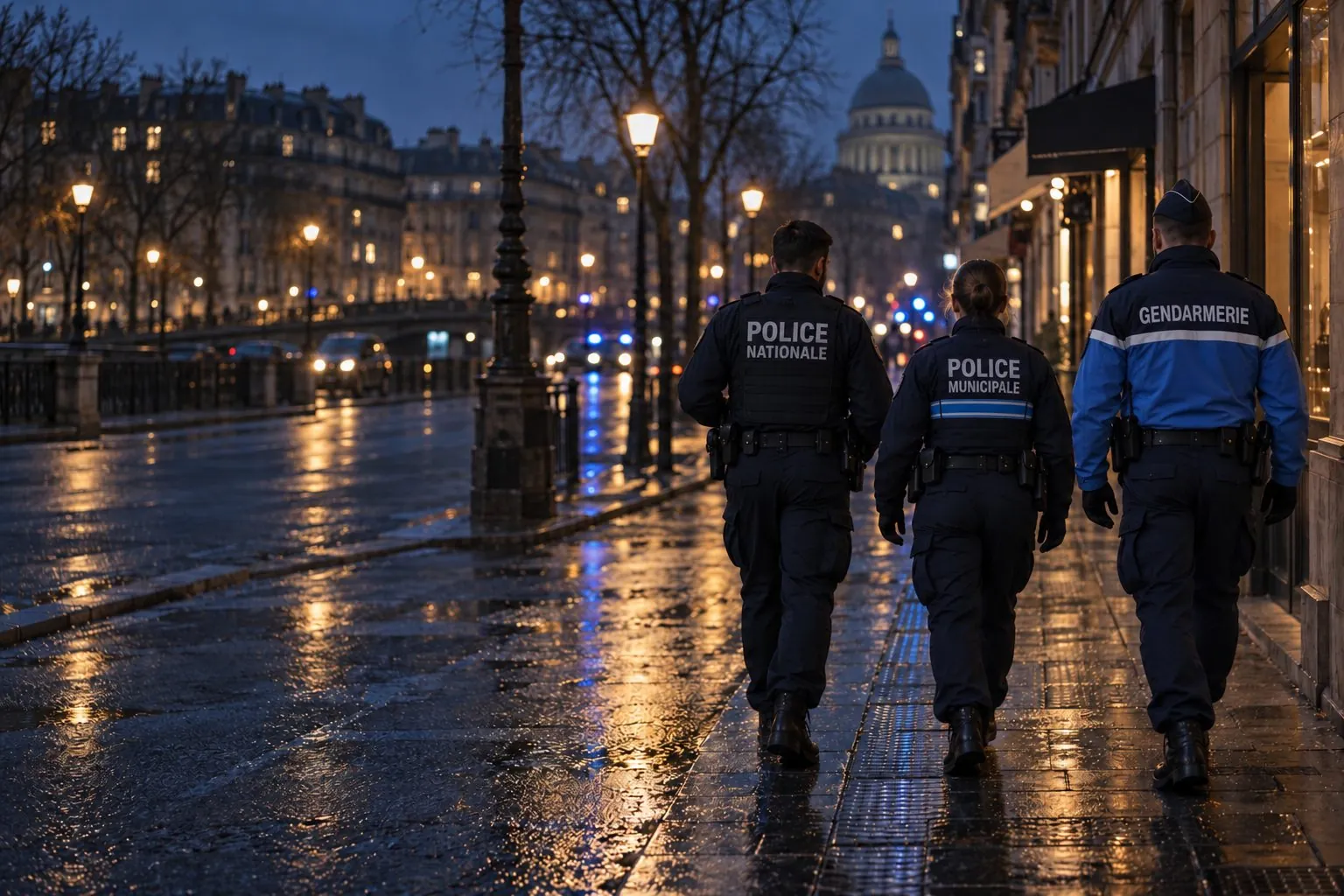 Patrouille dans une rue à la tombée de la nuit