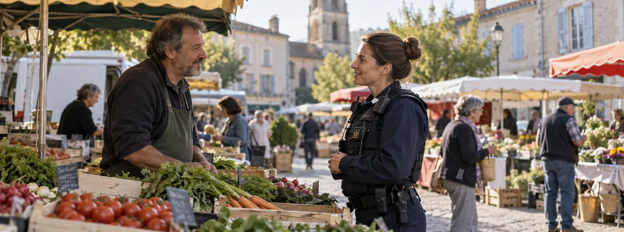 Une policière échange avec un adulte dans un espace public fréquenté