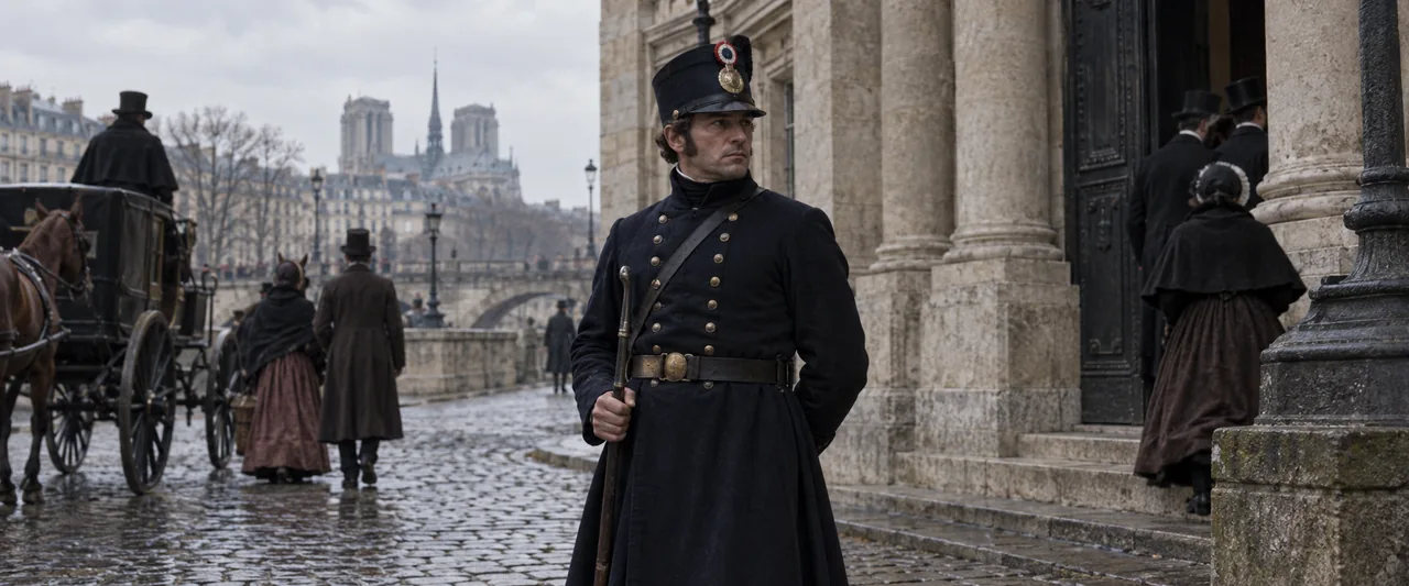 Illustration d’un policier en uniforme ancien dans une rue parisienne