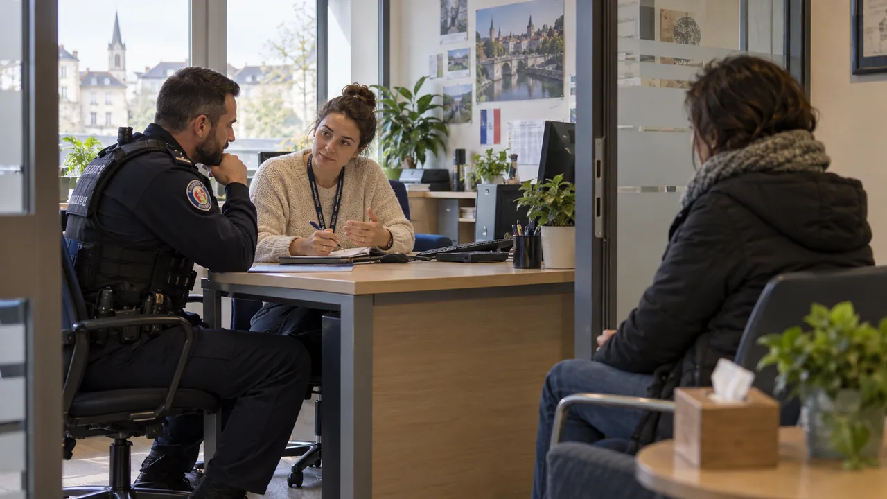 Policier et intervenante sociale coordonnant un accompagnement dans un commissariat