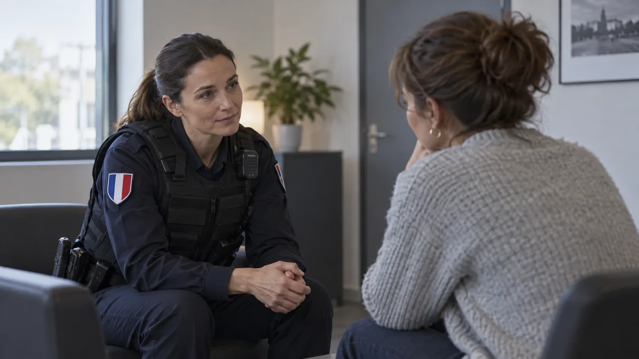 Policière référente attentive lors d’un échange confidentiel avec une victime