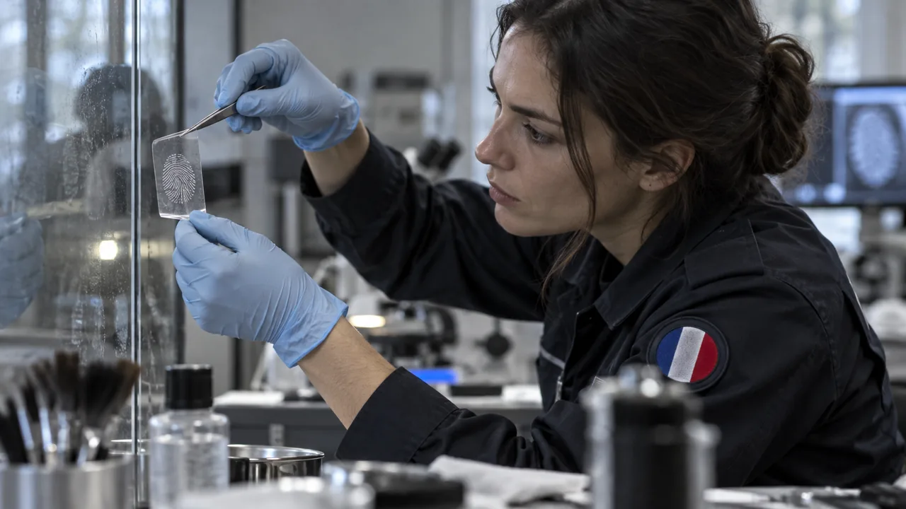 Spécialiste de police scientifique étudiant une empreinte digitale à l’aide d’une pince et de gants