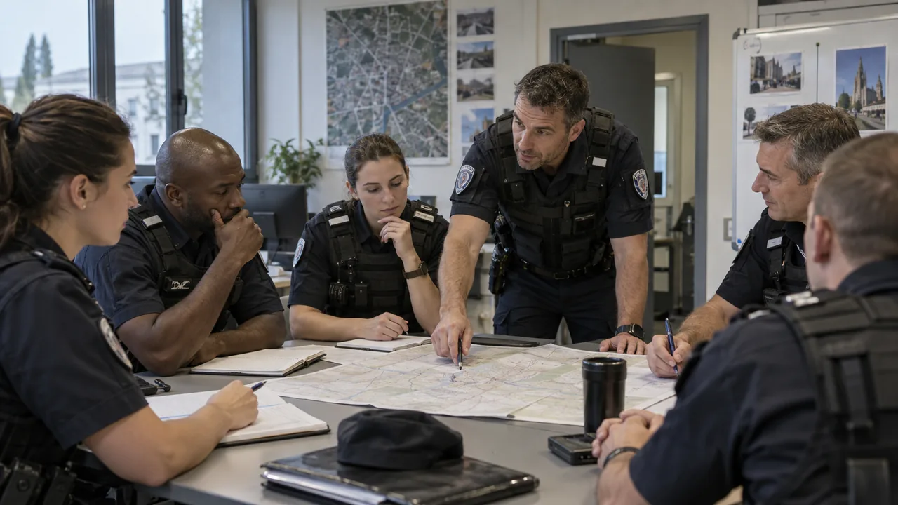 Équipe de police échangeant et préparant ensemble une mission dans un commissariat
