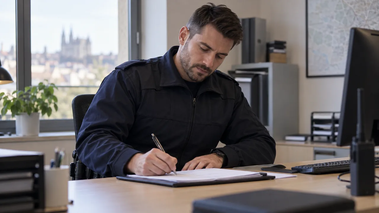 Policier concentré rédigeant un compte rendu professionnel dans un bureau calme