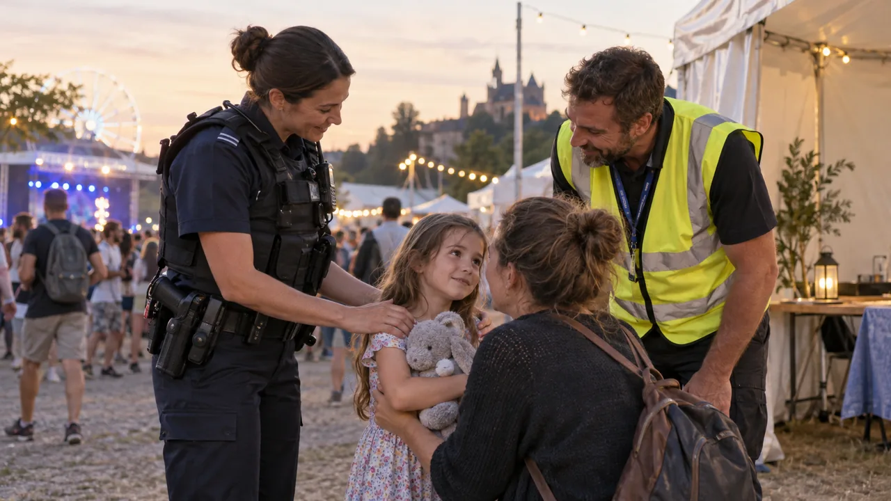 Policière et agent d’organisation aidant une famille à se retrouver lors d’une fête publique