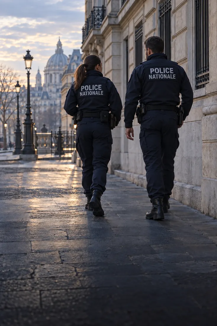 Deux policiers en patrouille dans une rue française