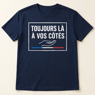T-shirt bleu nuit à manches courtes avec un motif rectangulaire ivoire « Toujours là, à vos côtés », une main ouverte et un trait tricolore.