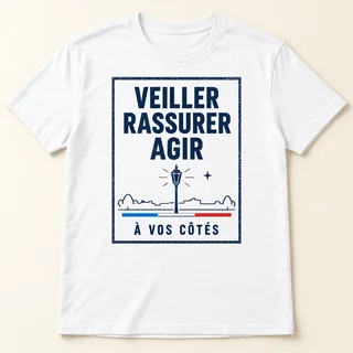 T-shirt blanc à manches courtes, visuel rectangulaire « Veiller, rassurer, agir » avec lampadaire et trait tricolore devant.