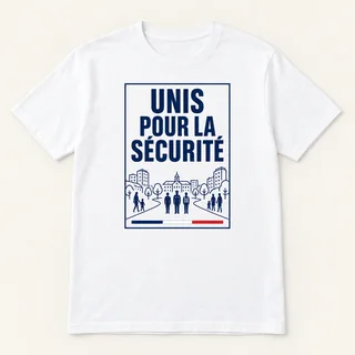 T-shirt blanc à manches courtes avec un imprimé rectangulaire bleu marine « Unis pour la sécurité », une scène de quartier et plusieurs silhouettes, vu de face.