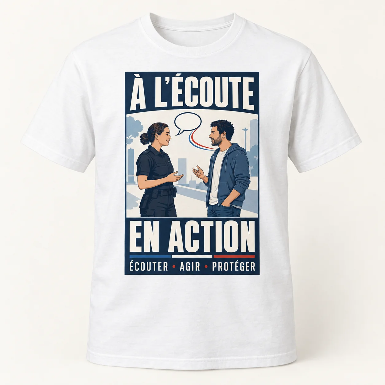 T-shirt blanc vu de face, avec un imprimé rectangulaire bleu marine « À l’écoute, en action » montrant une policière et un habitant en conversation.
