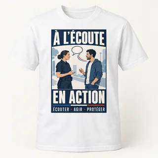 T-shirt blanc vu de face, avec un imprimé rectangulaire bleu marine « À l’écoute, en action » montrant une policière et un habitant en conversation.