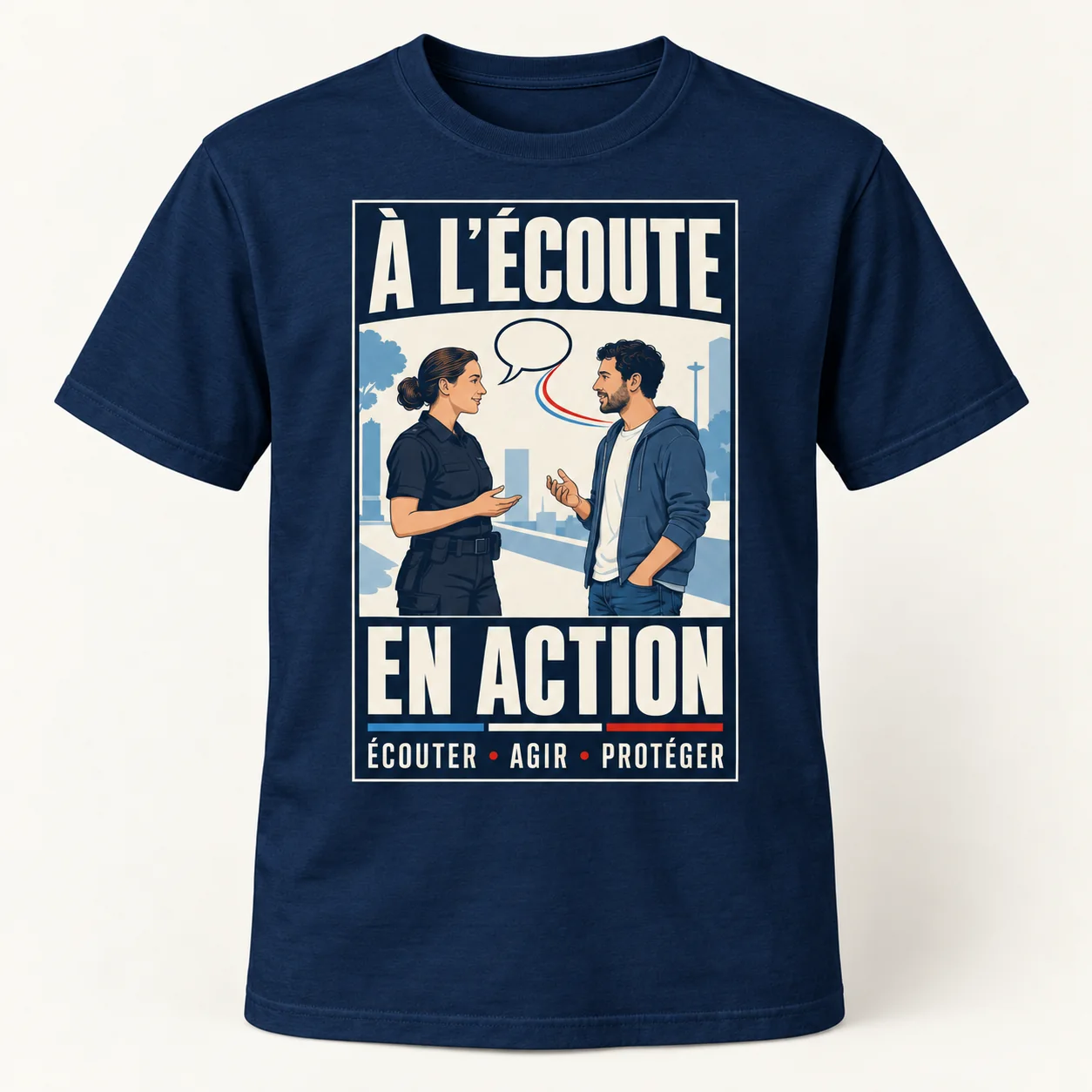 T-shirt bleu nuit vu de face, avec un imprimé rectangulaire ivoire « À l’écoute, en action », une policière et un habitant en conversation.