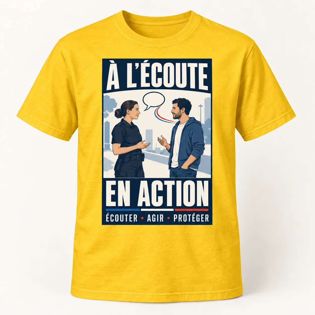 T-shirt jaune vu de face, avec un imprimé rectangulaire bleu marine « À l’écoute, en action », une policière et un habitant en conversation.