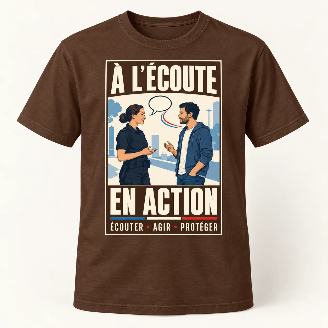 T-shirt marron vu de face, avec un imprimé rectangulaire ivoire « À l’écoute, en action », une policière et un habitant en conversation.