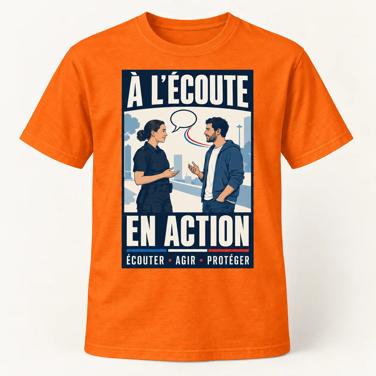 T-shirt orange vu de face, avec un imprimé rectangulaire bleu marine « À l’écoute, en action », une policière et un habitant en conversation.
