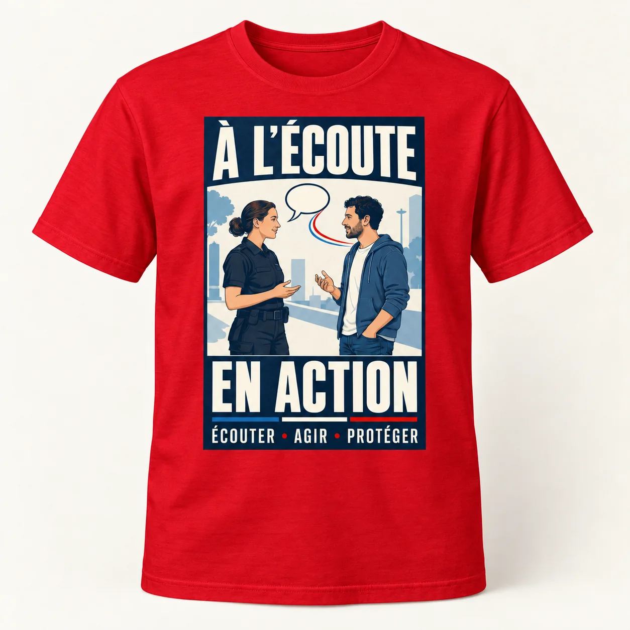 T-shirt rouge vu de face, avec un imprimé rectangulaire bleu marine et ivoire « À l’écoute, en action », une policière et un habitant en conversation.