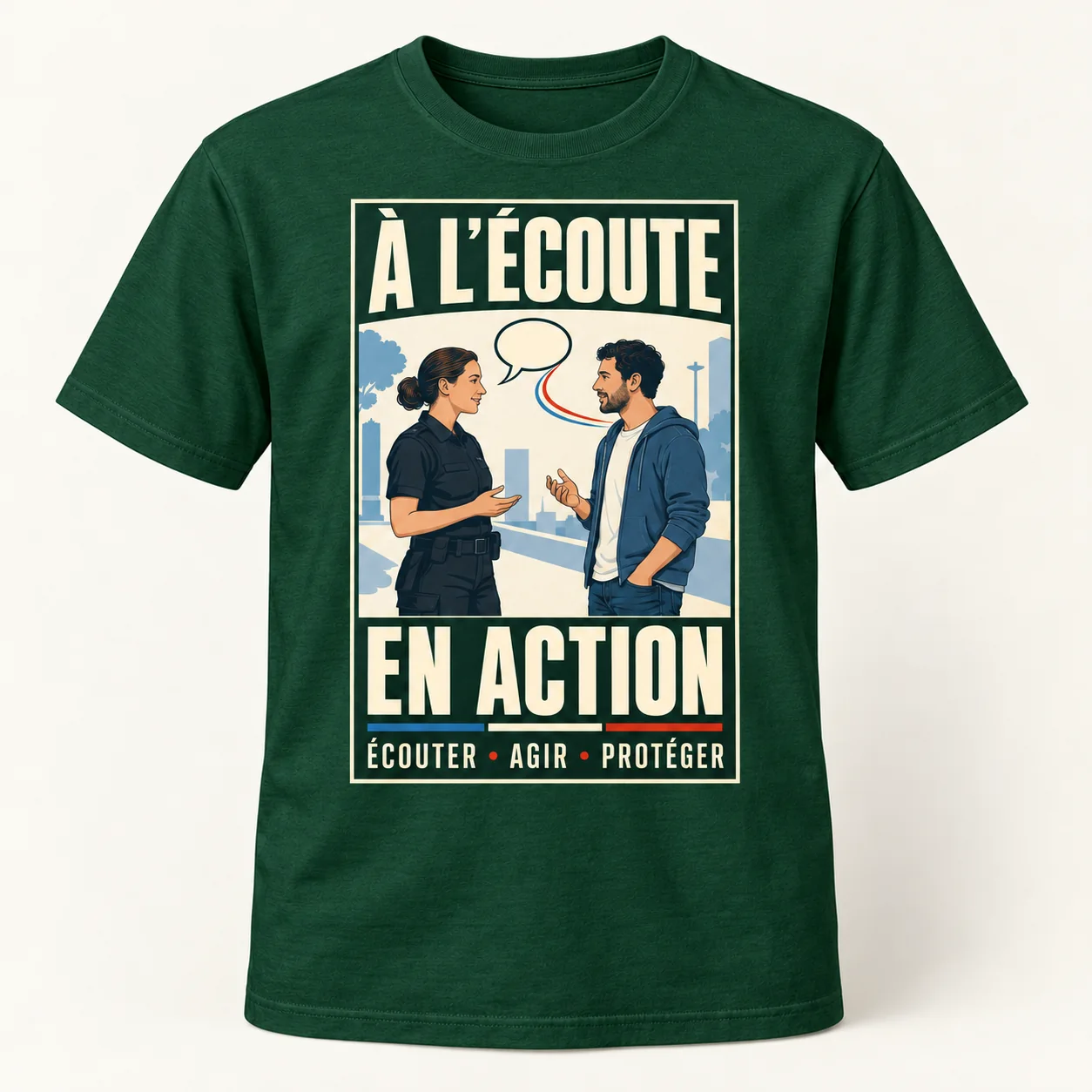 T-shirt vert forêt vu de face, avec un imprimé rectangulaire ivoire « À l’écoute, en action », une policière et un habitant en conversation.