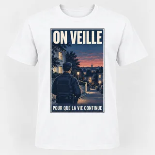 T-shirt blanc vu de face avec un imprimé rectangulaire « ON VEILLE – POUR QUE LA VIE CONTINUE » représentant un policier dans un quartier au crépuscule.