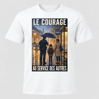 T-shirt blanc vu de face avec un imprimé rectangulaire « LE COURAGE – AU SERVICE DES AUTRES » représentant un policier avec un enfant et son parent sous un parapluie.