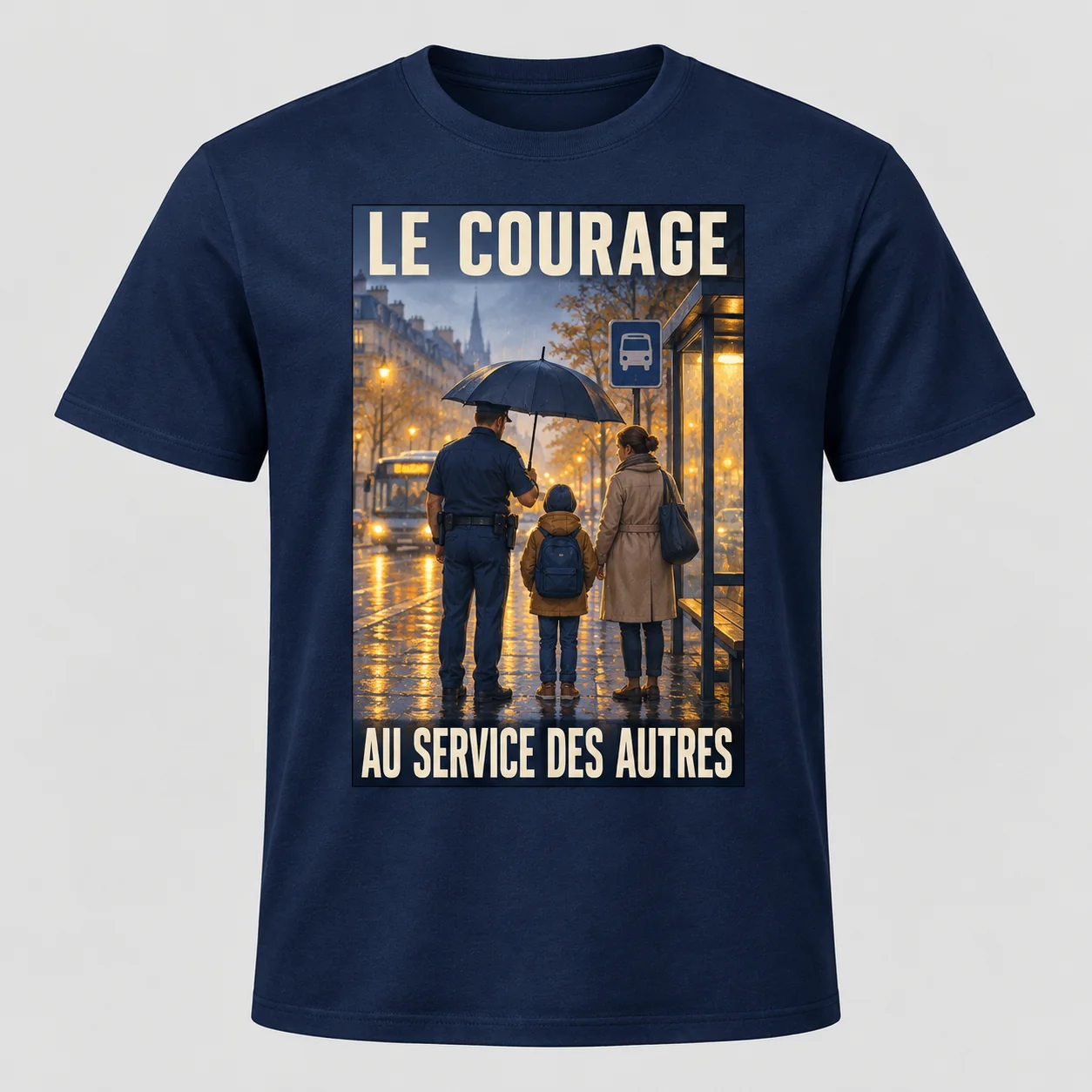 T-shirt bleu nuit vu de face avec un imprimé rectangulaire « LE COURAGE – AU SERVICE DES AUTRES » représentant un policier avec un enfant et son parent sous un parapluie.