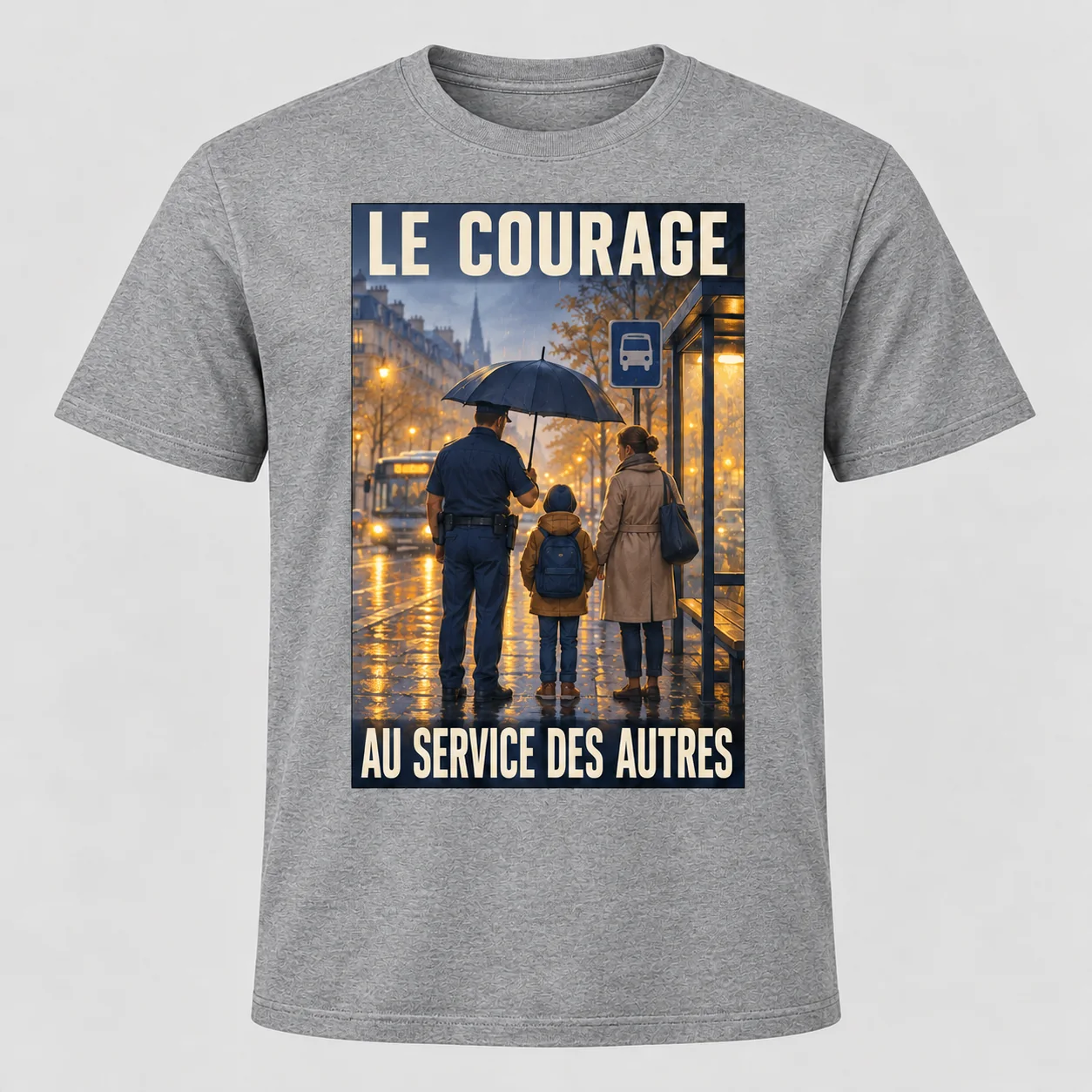 T-shirt gris chiné vu de face avec un imprimé rectangulaire « LE COURAGE – AU SERVICE DES AUTRES » représentant un policier avec un enfant et son parent sous un parapluie.