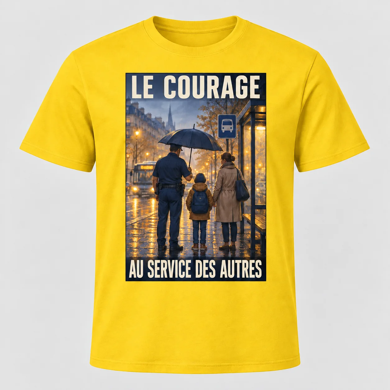 T-shirt jaune vu de face avec un imprimé rectangulaire « LE COURAGE – AU SERVICE DES AUTRES » représentant un policier avec un enfant et son parent sous un parapluie.