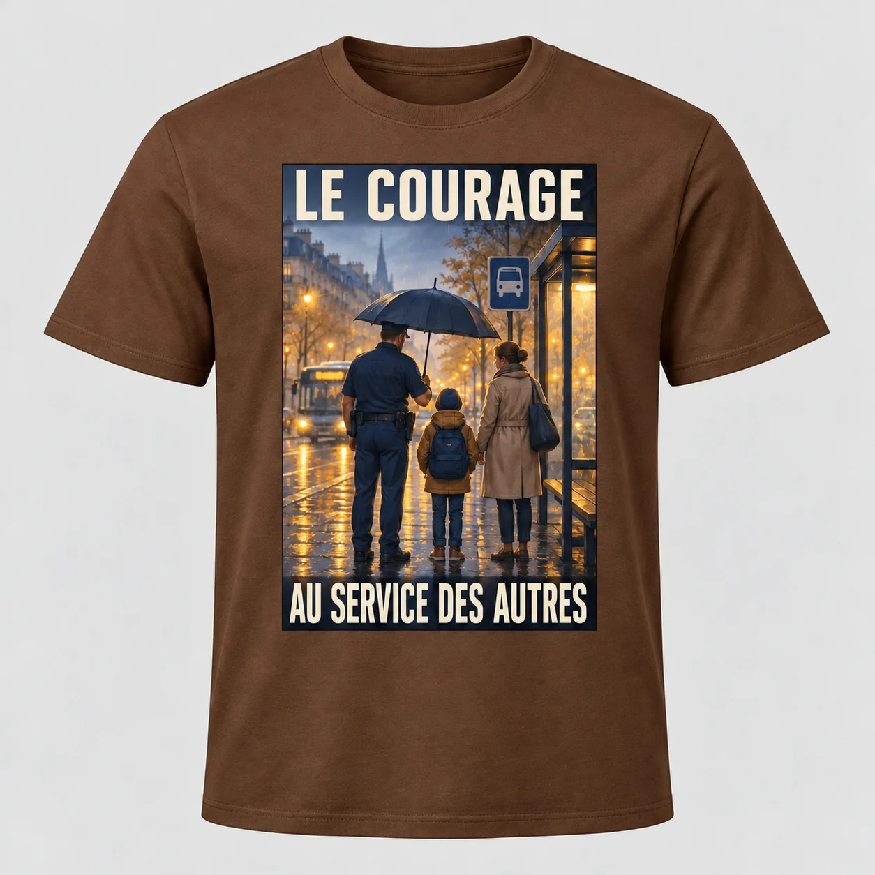 T-shirt marron vu de face avec un imprimé rectangulaire « LE COURAGE – AU SERVICE DES AUTRES » représentant un policier avec un enfant et son parent sous un parapluie.