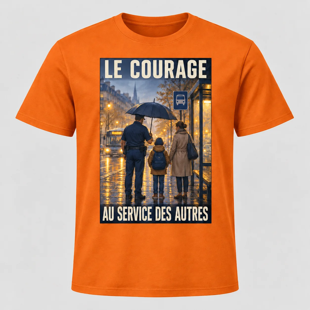 T-shirt orange vu de face avec un imprimé rectangulaire « LE COURAGE – AU SERVICE DES AUTRES » représentant un policier avec un enfant et son parent sous un parapluie.