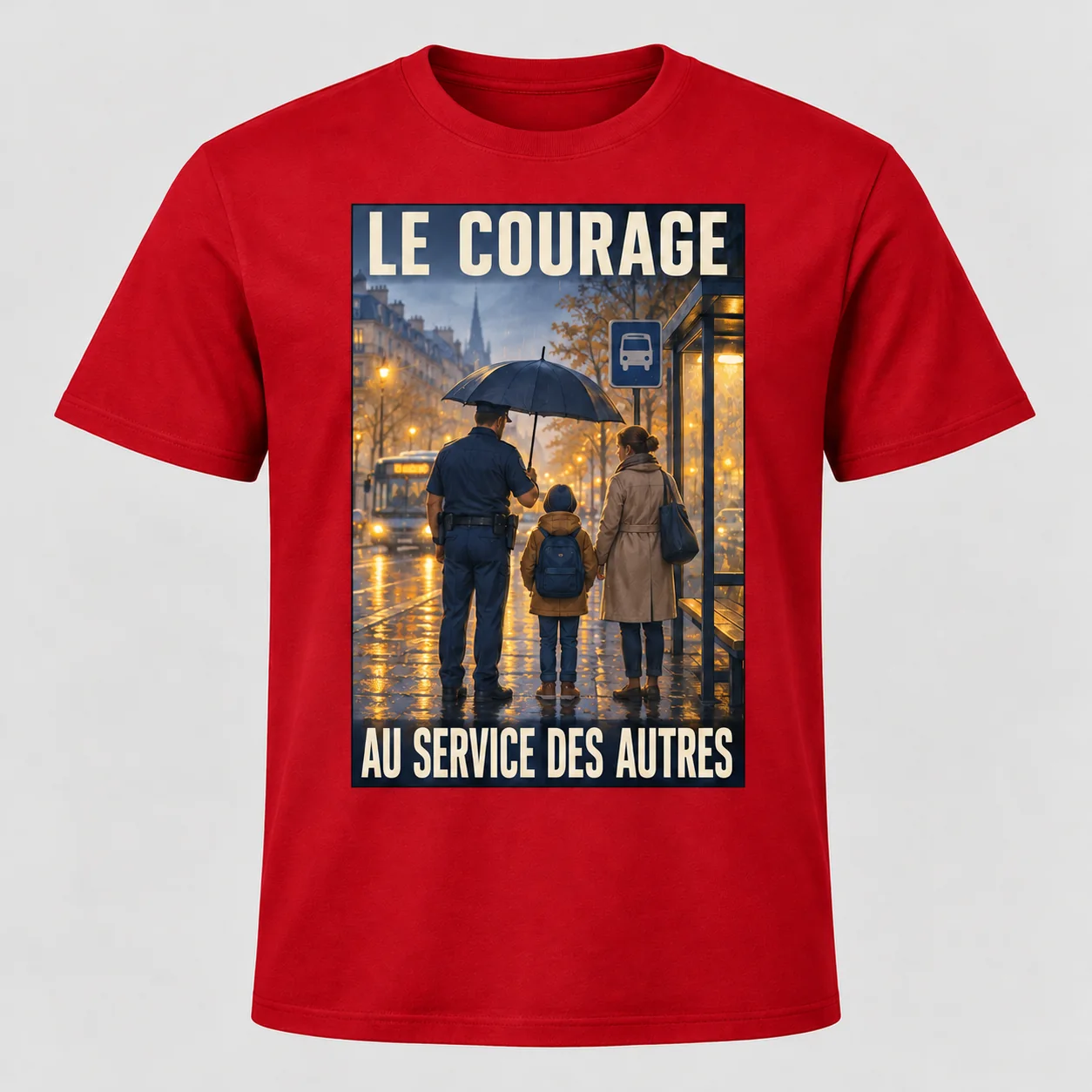 T-shirt rouge vu de face avec un imprimé rectangulaire « LE COURAGE – AU SERVICE DES AUTRES » représentant un policier avec un enfant et son parent sous un parapluie.