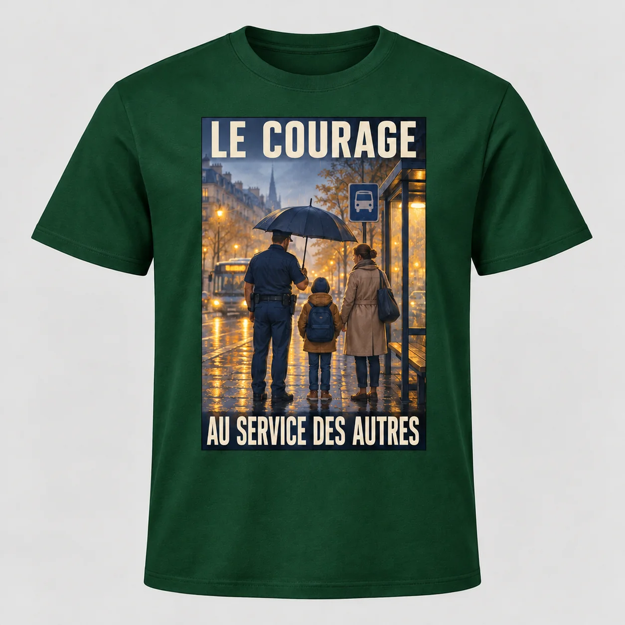 T-shirt vert forêt vu de face avec un imprimé rectangulaire « LE COURAGE – AU SERVICE DES AUTRES » représentant un policier avec un enfant et son parent sous un parapluie.
