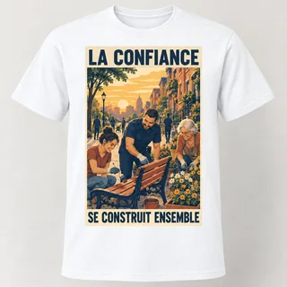 T-shirt blanc vu de face avec un rectangle illustré « LA CONFIANCE – SE CONSTRUIT ENSEMBLE », montrant un policier et deux habitantes repeignant un banc et plantant des fleurs.