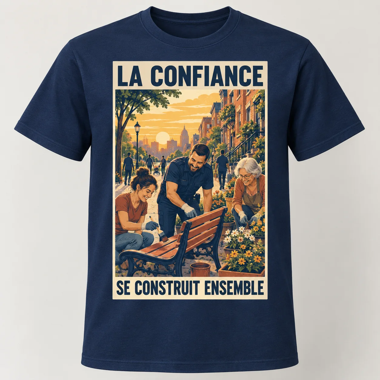 T-shirt bleu nuit vu de face avec un rectangle illustré « LA CONFIANCE – SE CONSTRUIT ENSEMBLE », montrant un policier et deux habitantes repeignant un banc et plantant des fleurs.