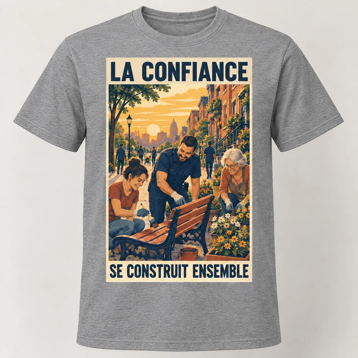 T-shirt gris vu de face avec un rectangle illustré « LA CONFIANCE – SE CONSTRUIT ENSEMBLE », montrant un policier et deux habitantes repeignant un banc et plantant des fleurs.