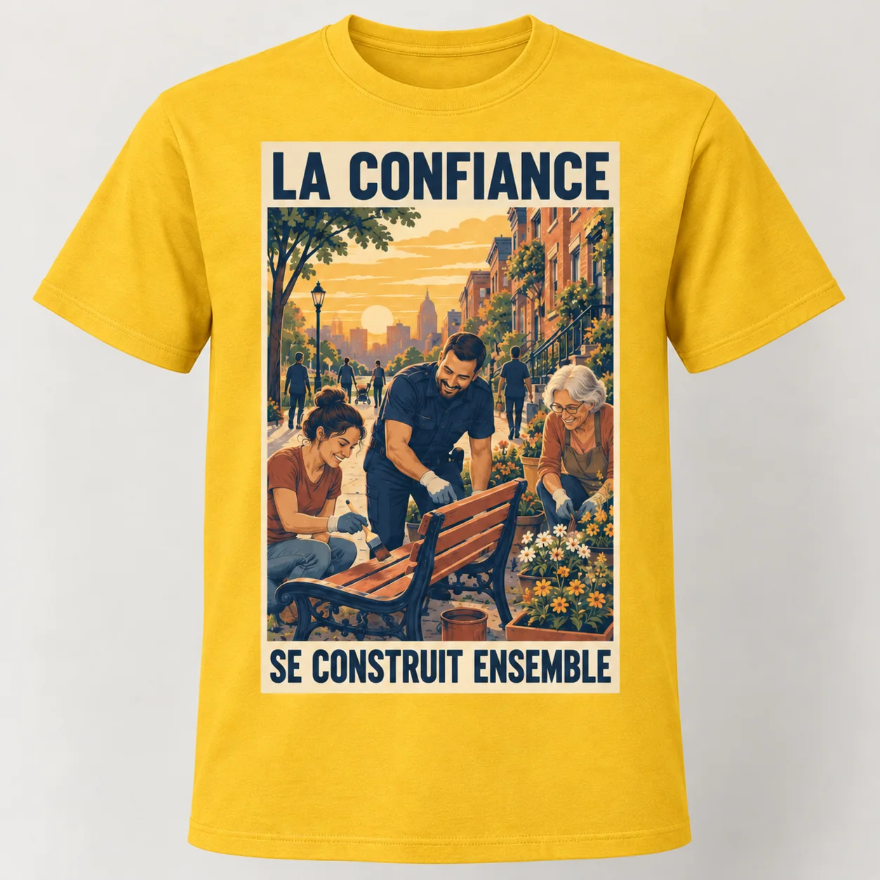 T-shirt jaune vu de face avec un rectangle illustré « LA CONFIANCE – SE CONSTRUIT ENSEMBLE », montrant un policier et deux habitantes repeignant un banc et plantant des fleurs.