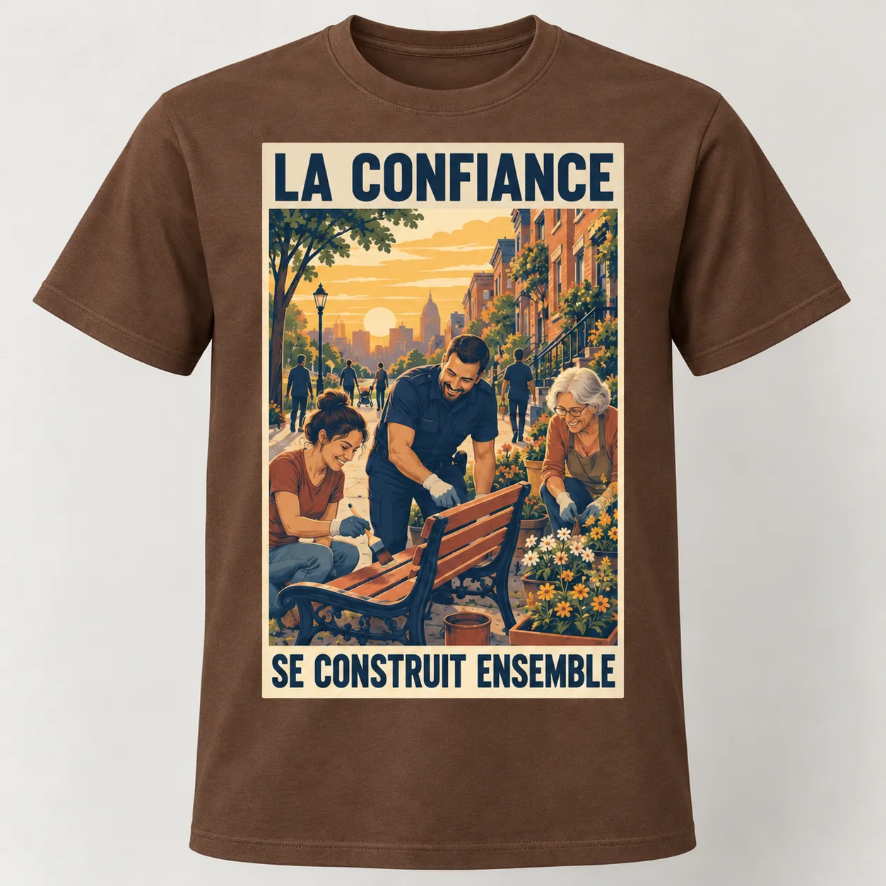 T-shirt marron vu de face avec un rectangle illustré « LA CONFIANCE – SE CONSTRUIT ENSEMBLE », montrant un policier et deux habitantes repeignant un banc et plantant des fleurs.