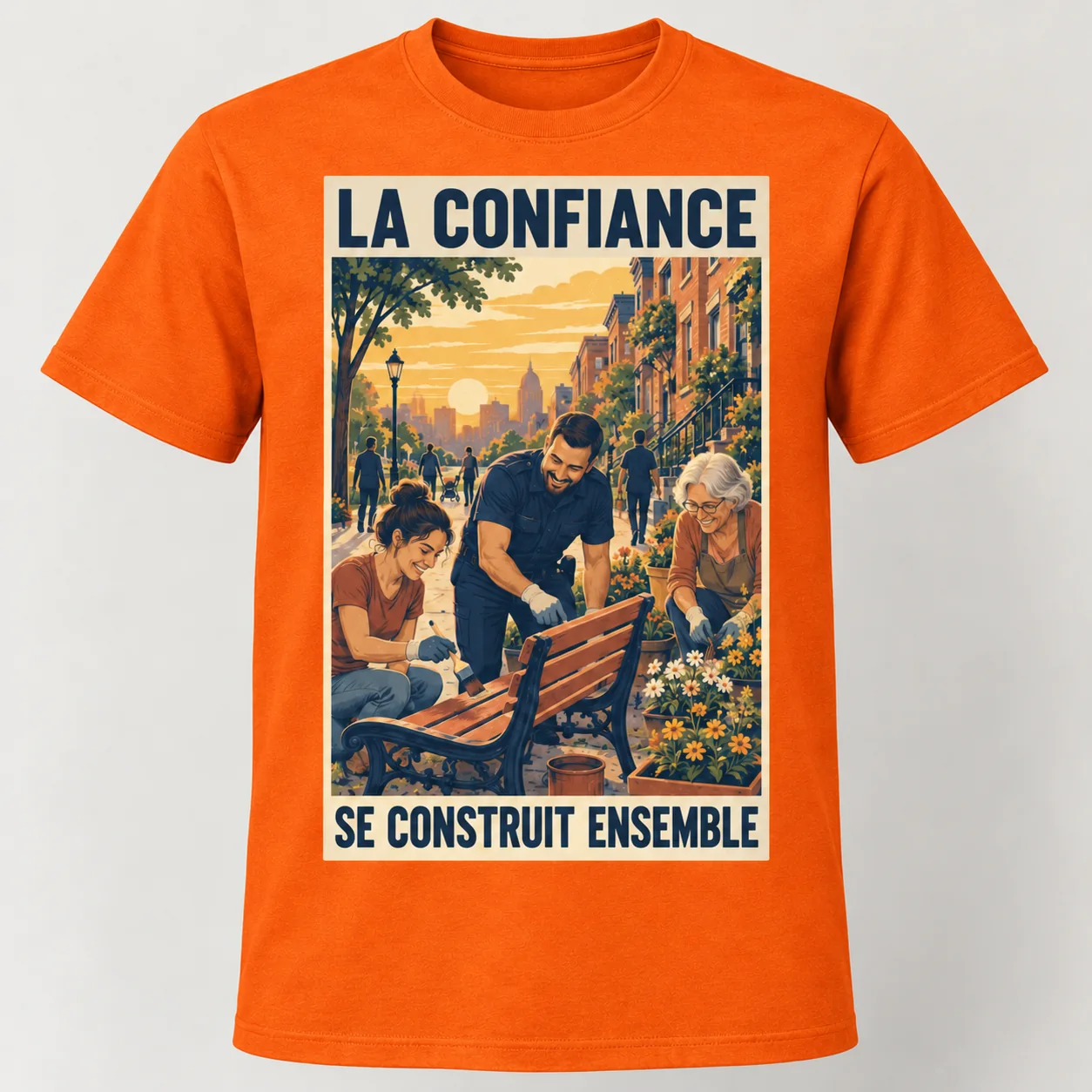 T-shirt orange vu de face avec un rectangle illustré « LA CONFIANCE – SE CONSTRUIT ENSEMBLE », montrant un policier et deux habitantes repeignant un banc et plantant des fleurs.
