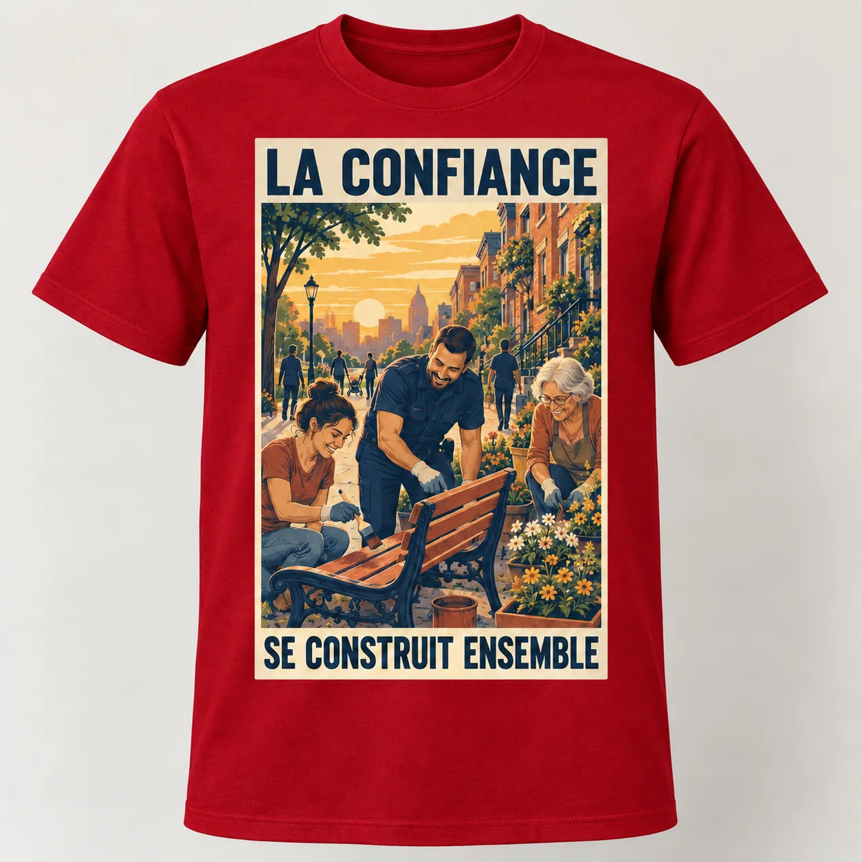 T-shirt rouge vu de face avec un rectangle illustré « LA CONFIANCE – SE CONSTRUIT ENSEMBLE », montrant un policier et deux habitantes repeignant un banc et plantant des fleurs.