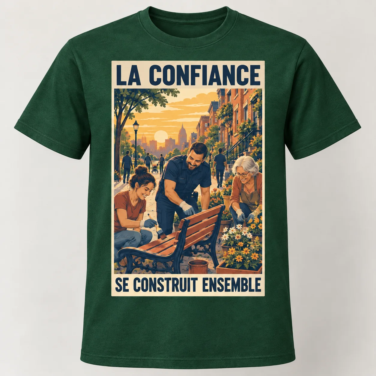 T-shirt vert vu de face avec un rectangle illustré « LA CONFIANCE – SE CONSTRUIT ENSEMBLE », montrant un policier et deux habitantes repeignant un banc et plantant des fleurs.