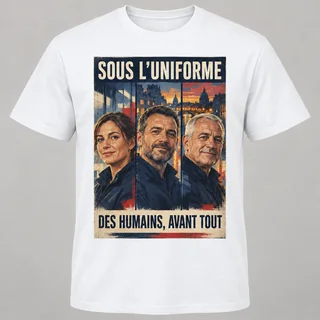 T-shirt blanc vu de face avec une affiche rectangulaire « SOUS L’UNIFORME – DES HUMAINS, AVANT TOUT » et trois portraits d’agents devant une ville au crépuscule.