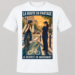 T-shirt blanc de face avec une affiche rectangulaire montrant une policière guidant un cycliste et le slogan « La route en partage – Le respect en mouvement ».