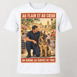 T-shirt blanc vu de face avec une affiche rectangulaire montrant un maître-chien policier et son chien à une fête de quartier, sous les slogans « Au flair et au cœur » et « Un binôme au service de tous ».