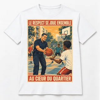 T-shirt blanc vu de face, avec une affiche rectangulaire montrant un policier qui passe un ballon à un adolescent sur un terrain de quartier; slogans « Le respect se joue ensemble » et « Au cœur du quartier ».