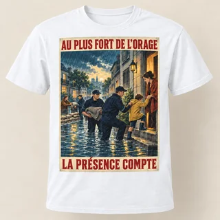 T-shirt blanc vu de face, avec une affiche verticale montrant des policiers et des voisins aidant une famille dans une rue inondée; slogans « Au plus fort de l’orage » et « La présence compte ».