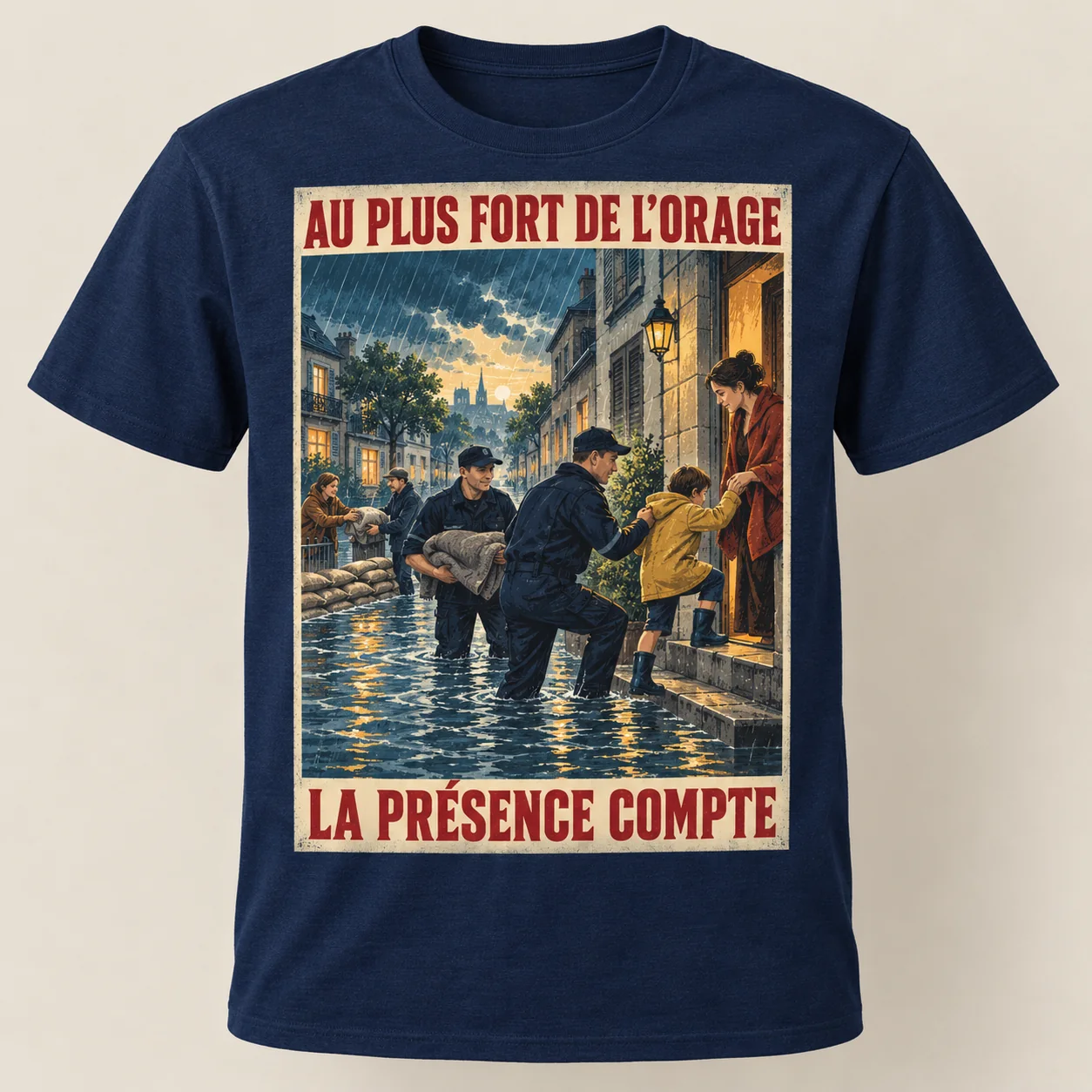 T-shirt bleu nuit vu de face, avec une affiche verticale montrant des policiers et des voisins aidant une famille dans une rue inondée; slogans « Au plus fort de l’orage » et « La présence compte ».