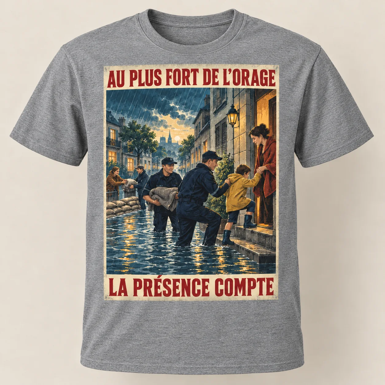 T-shirt gris vu de face, avec une affiche verticale montrant des policiers et des voisins aidant une famille dans une rue inondée; slogans « Au plus fort de l’orage » et « La présence compte ».