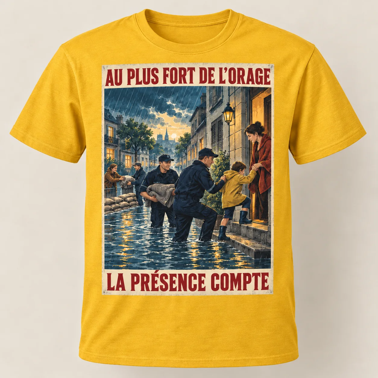 T-shirt jaune vu de face, avec une affiche verticale montrant des policiers et des voisins aidant une famille dans une rue inondée; slogans « Au plus fort de l’orage » et « La présence compte ».